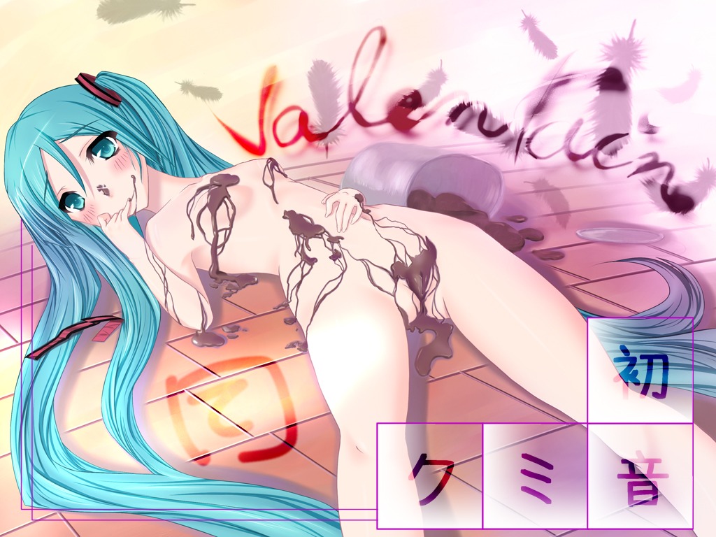 1girl aqua_eyes aqua_hair blush chocolate chocolate_on_body feathers female hatsune_miku long_hair lying naked_chocolate nude on_back pussy rule34 solo spookie tied_hair twintails valentine very_long_hair vocaloid