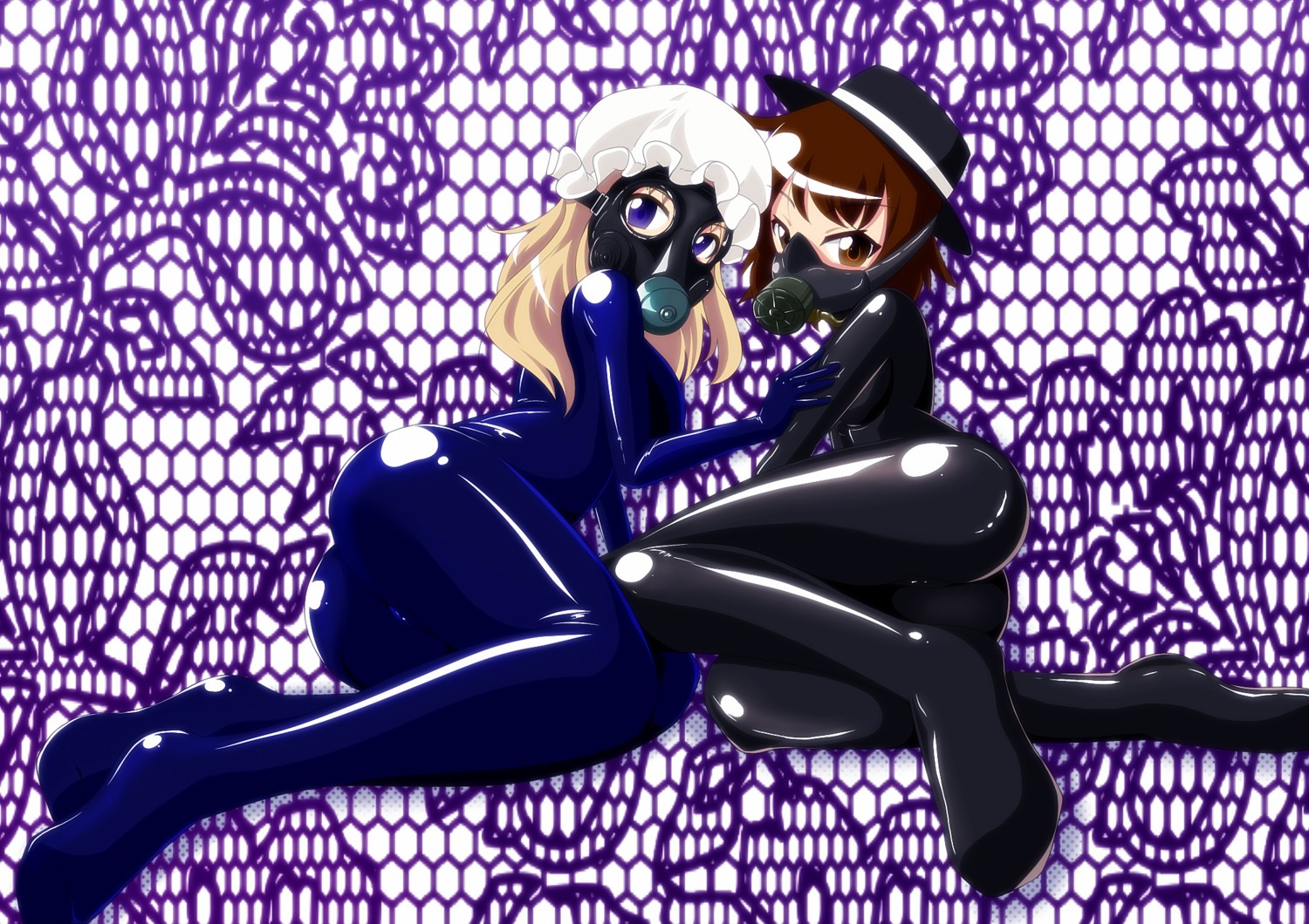 2_bodysuits 2girls black_latex blonde_hair blue_bodysuit blue_eyes blue_latex bodysuit bondage_gear brown_eyes brown_hair clothing female gas_mask gimp gimp_hood gimp_suit hat highres hood hooded jpeg latex latex_bodysuit latex_clothing latex_suit maribel_hearn mask multiple_females multiple_girls renko_usami rule34 tamakko touhou yuri