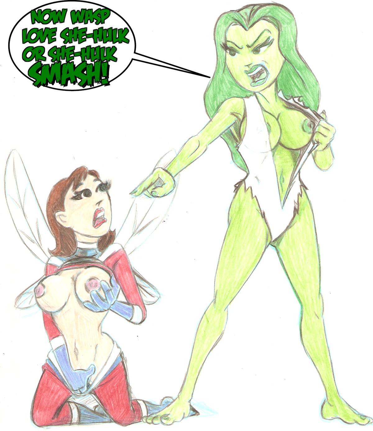 2d 2girls avengers barefoot big_breasts breasts brown_hair color drawn english_text female female_only fingering fingering_self green-skinned_female green_hair green_skin hulk_(series) insect_wings janet_van_dyne marvel marvel_comics masturbation multiple_girls nipples rule34 she-hulk speech_bubble unknown_artist wasp_(marvel) yuri