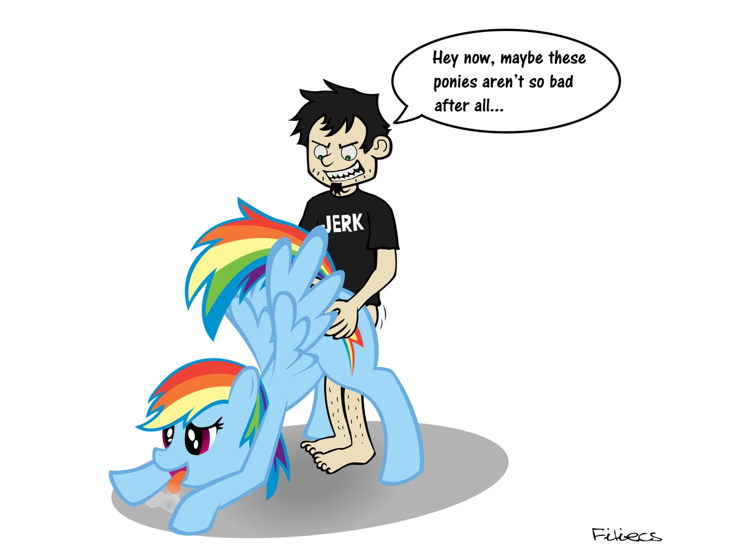 1boy 1girls artist_name barefoot bestiality bottomless_male creature crossover dan_(dan_vs) dan_vs. evil_smile female friendship_is_magic full_body grin male motion_lines my_little_pony pony rainbow_dash_(mlp) rainbow_mane rainbow_tail rule34 sex_from_behind sharp_teeth simple_background smooth_skin soul_patch speech_bubble standing straight stubble t-shirt tagme tongue tongue_out what white_background wings