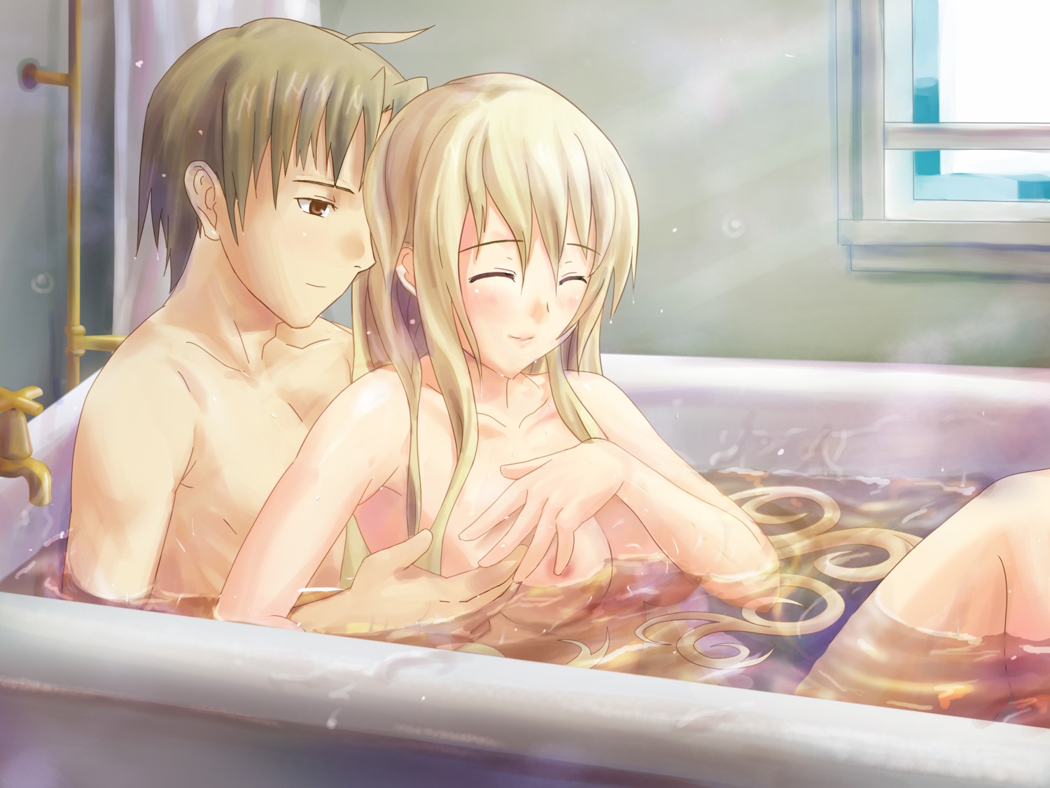 bath blind blonde_hair breasts brown_eyes brown_hair closed_eyes female green_hair highres katawa_shoujo lilly long_hair love mixed_bathing nude rule34 satou_lilly smile wavy_hair wet