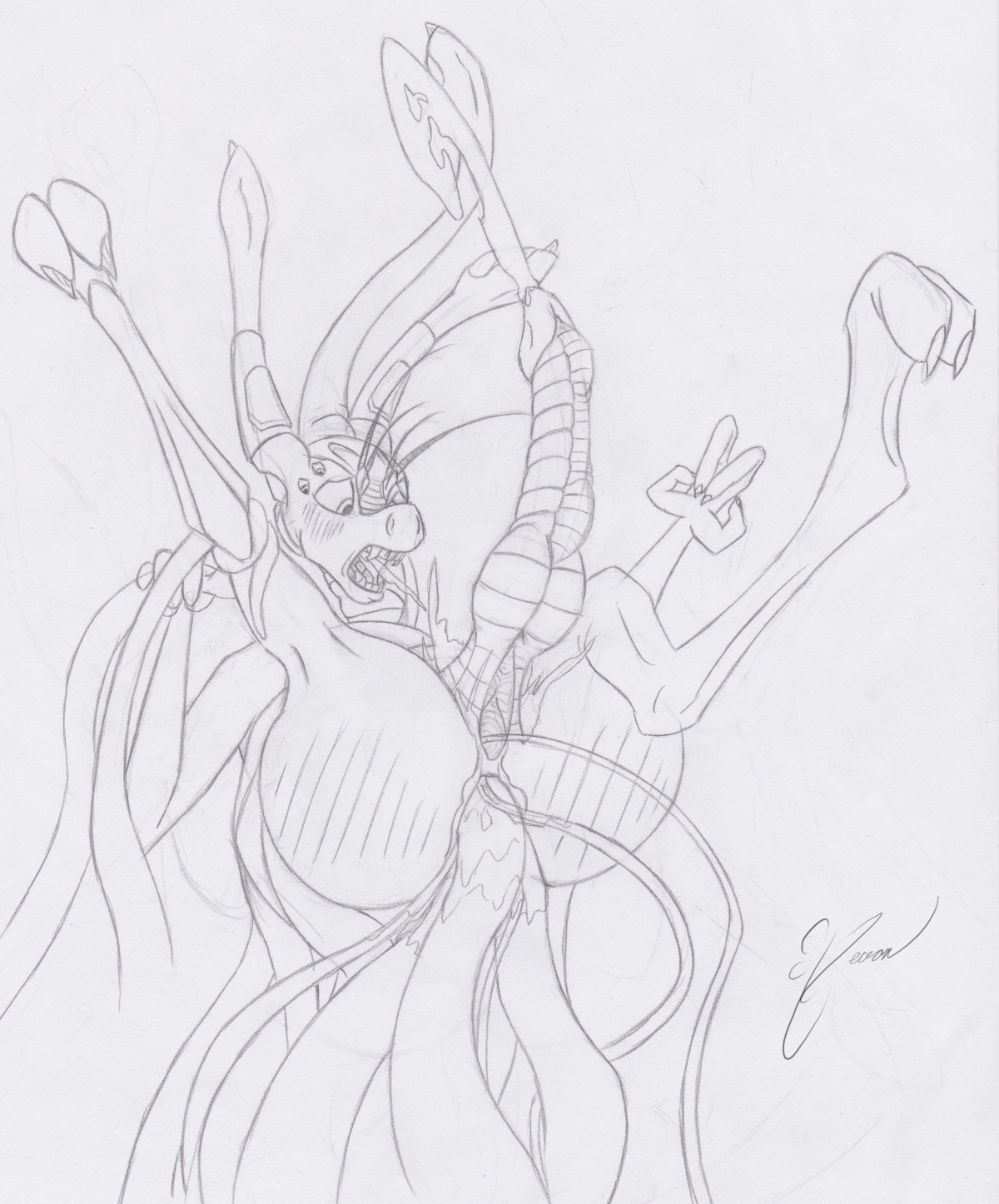 2012 4_fingers absurd_res alien anal anal_penetration antennae_(anatomy) anus bodily_fluids butt cum cumshot e621 ejaculation erection feet fingers genital_fluids genitals hi_res hindpaw horn intersex knot magnificent-arsehole maleherm membrane_(anatomy) nude open_mouth orgasm paws penetration penis scalie sex sketch solo tentacles toes unknown_species vulva webbed_feet wet