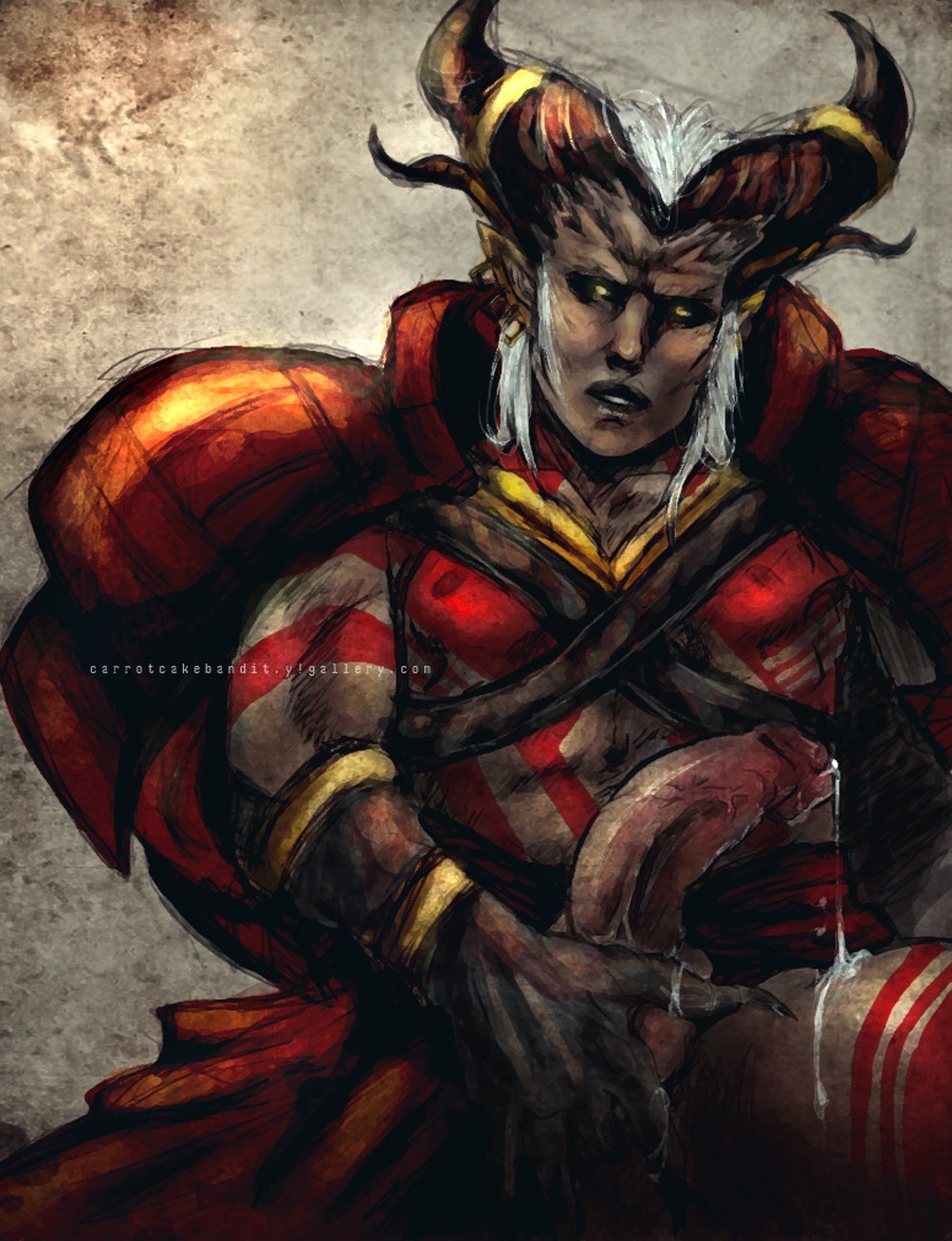 arishok armor balls cum cum_on_thighs cupping_balls dragon_age dragon_age_2 dripping_cum hand_on_balls horns humanoid large_penis male male_only penis qunari rule34 tagme war_paint warpaint
