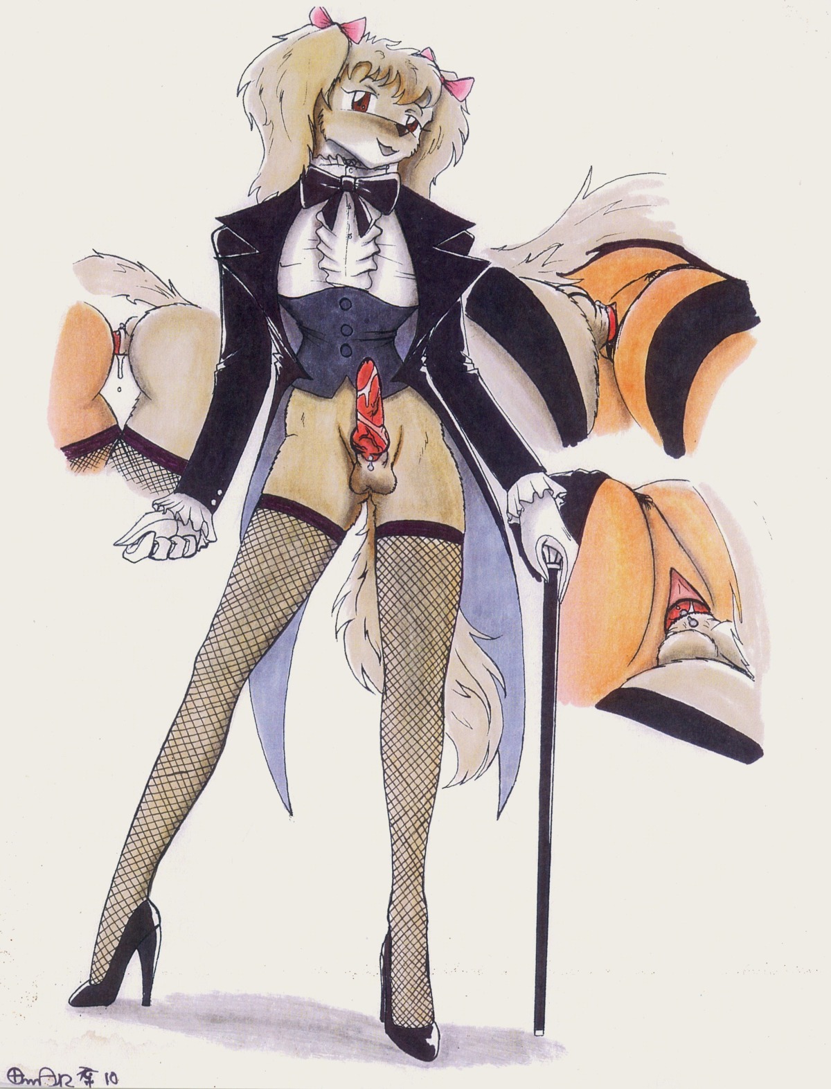 absurd_res alternative_fashion anthro anthrofied anus black_tie_(suit) bottomless cane canid canine canis clothed clothing domestic_dog drag_(fashion) duo e621 erection footwear genitals ghstkatt hi_res high_heels j-fashion knot knotting legwear looking_at_viewer male mammal ouji_(fashion) penetration penis piercing sex shoes solo_focus stockings suit tail traditional_media_(artwork)