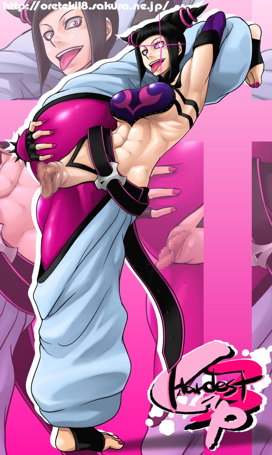 1girls abs ass ass_grab baggy_pants barefoot belt black_hair capcom censored crotchless dutch_angle elbow_gloves female female_only fingerless_gloves flexible from_below gloves glowing_eyes highres human juri_han leg_hold leg_up legs_over_head looking_at_viewer muscles on_one_foot open_mouth oreteki penetration pink_toenails purple_eyes pussy rule34 short_hair smile solo spread_legs spread_pussy straight_hair street_fighter street_fighter_iv super_street_fighter_iv text tongue tongue_out