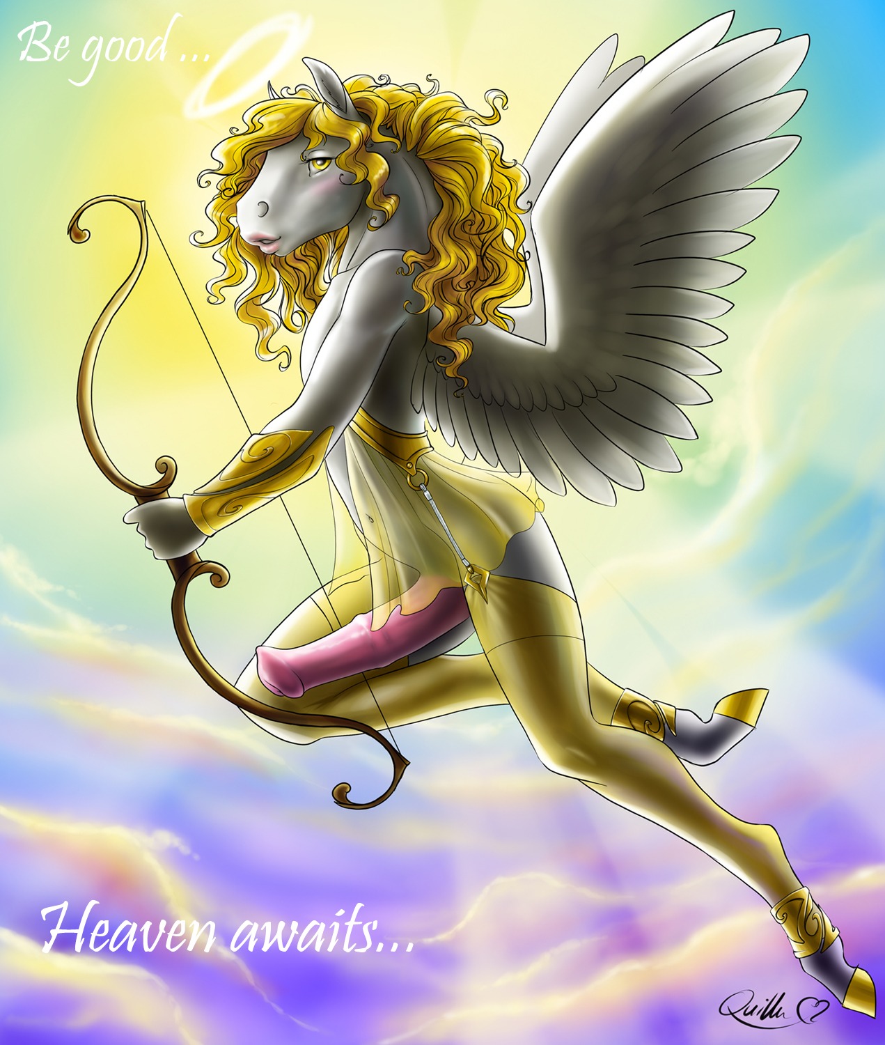 2012 angel angelic animal_genitalia animal_penis big_penis blonde_hair blush bracelet clothing digital_media_(artwork) e621 english_text equid equine equine_genitalia equine_penis erection feathered_wings feathers femboy flying genitals hair halo hi_res hooves jewelry legwear looking_at_viewer male mammal mythological_creature mythological_equine mythology pegasus penis quillu solo stockings text wings