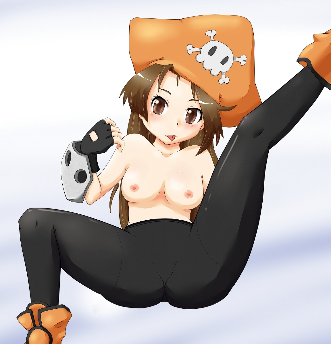 :p blush breasts brown_eyes brown_hair female fingerless_gloves guilty_gear may_(guilty_gear) pantyhose pirate_hat rule34 topless