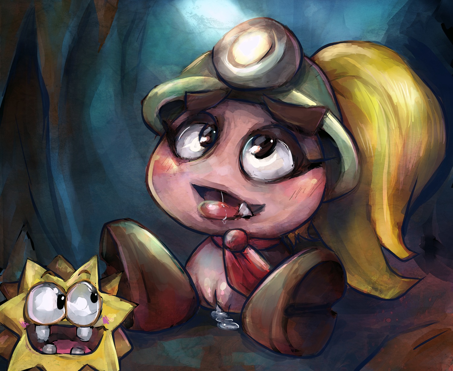 absurd_res blonde_hair bodily_fluids buttercup_saiyan clothed clothing cum duo e621 female fuzzy_(mario) genital_fluids genitals gold_fuzzy goomba goombella hair hi_res mario_bros nintendo not_furry paper_mario solo_focus topless vulva