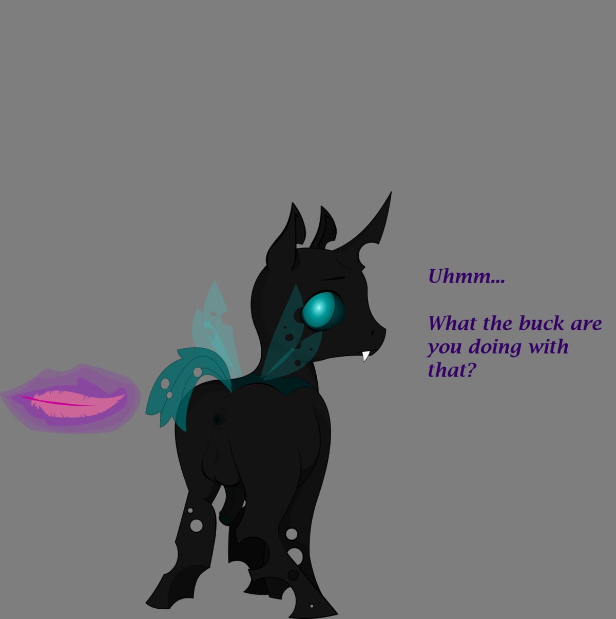 alpha_channel anus arthropod backsack balls changeling_(mlp) e621 english_text foreskin friendship_is_magic genitals grammarshinehyena half-erect hasbro hi_res horn humanoid_genitalia humanoid_penis insect_wings loose_feather male my_little_pony penis solo sundae_(original_character) text wings worried