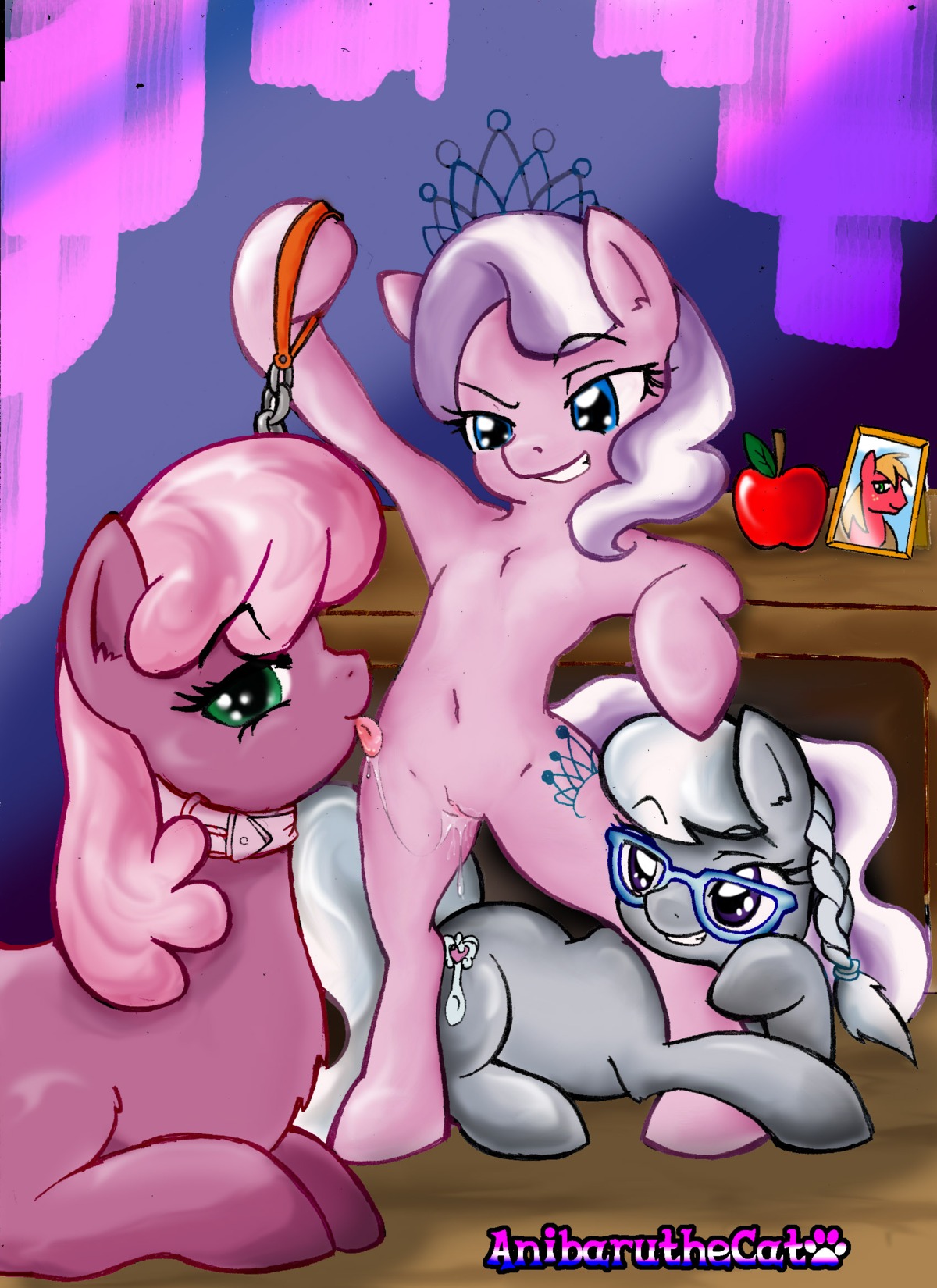 2013 anibaruthecat apple big_macintosh_(mlp) blue_eyes bodily_fluids cheerilee_(mlp) collar crown cutie_mark diamond_tiara_(mlp) digital_media_(artwork) dominant dominant_female e621 earth_pony english_text equid equine eyewear female female/female feral food friendship_is_magic fruit fur genitals green_eyes grey_body grey_fur group hair hasbro headgear hi_res horse leash loli looking_at_viewer lying mammal multicolored_hair my_little_pony on_front pink_body pink_fur pink_hair plant pony quadruped saliva saliva_string silver_spoon_(mlp) smile submissive submissive_female tail text tiara two_tone_hair vulva young young_feral
