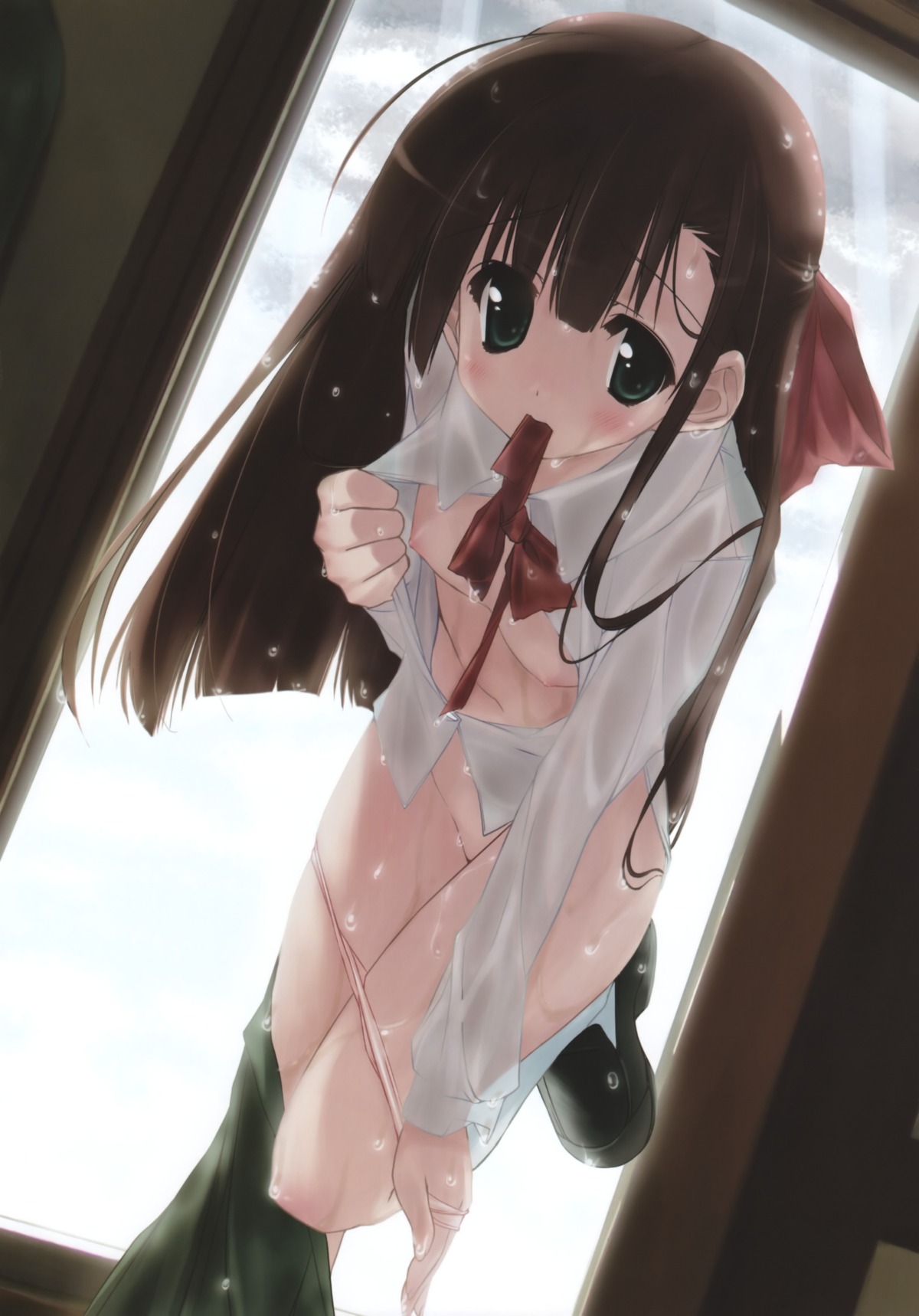 1girls blush breasts brown_hair female green_eyes hair_ribbon highres leaning leg_lift long_hair mouth_hold navel nipples no_bra open_clothes open_shirt original panties panty_pull pink_panties ribbon rule34 see-through shirt skirt solo underwear undressing urotan wet wet_clothes white_shirt