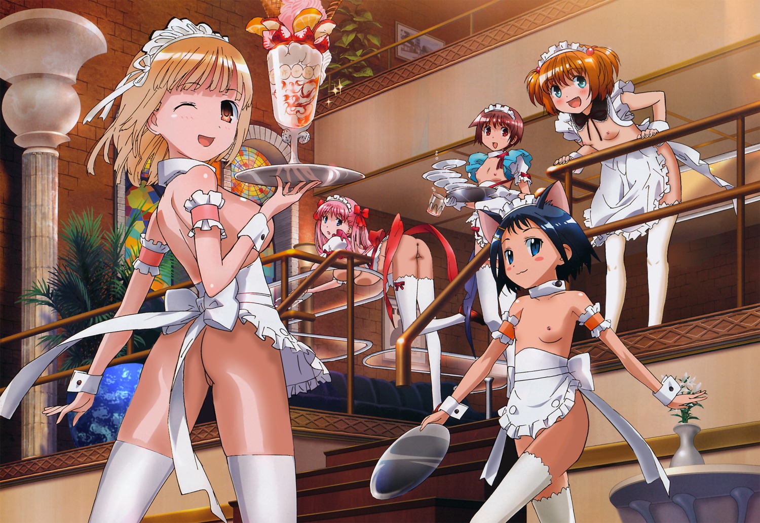 blonde_hair blue_hair brown_hair female fixed fukuji_mihoko hadaka_apron haramura_nodoka hosoda_naoto ikeda_kana kataoka_yuuki long_hair miyanaga_saki nude_filter pink_hair rule34 saki short_hair thighhighs uncensored wink
