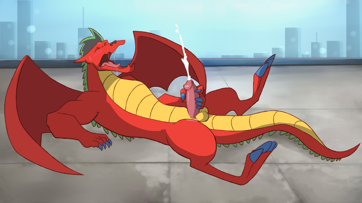 2014 4_toes american_dragon:_jake_long anthro balls biceps biped blush bodily_fluids city claws countershading cum cumshot disney dragon e621 ejaculation erection european_mythology eyes_closed fangs feet genital_fluids genitals humanoid_genitalia humanoid_penis jake_long lying male masturbation membrane_(anatomy) membranous_wings muscular muscular_anthro muscular_male mythological_creature mythological_scalie mythology non-mammal_balls nude on_back open_mouth orgasm penile penile_masturbation penis pink_penis red_body red_scales saliva scales scalie solo sweat tail teeth thegreatmatsutzu toes tongue western_dragon wings yellow_body yellow_countershading yellow_scales young_(lore)