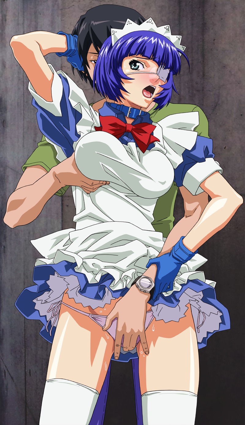 blue_hair breast_grab breasts eye_patch female glove highres ikkitousen large_breasts maid rule34 ryomou_shimei short_hair yabusame