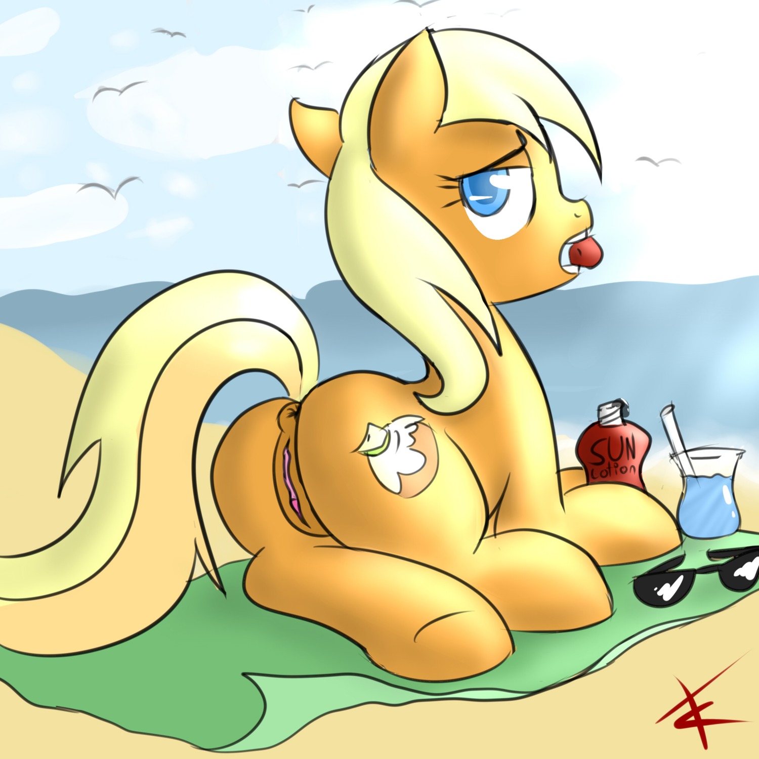 1:1 2012 ambient_bird ambient_flier ambient_silhouette anus apple_cobbler_(mlp) avian beach bird blue_eyes butt cloud crade cutie_mark detailed_background e621 equid equine eyewear female feral friendship_is_magic genitals group hasbro hi_res horse looking_at_viewer looking_back mammal my_little_pony nude on_towel outside pony quadruped rear_view sand seaside silhouette sky solo_focus sunglasses tail towel vulva water