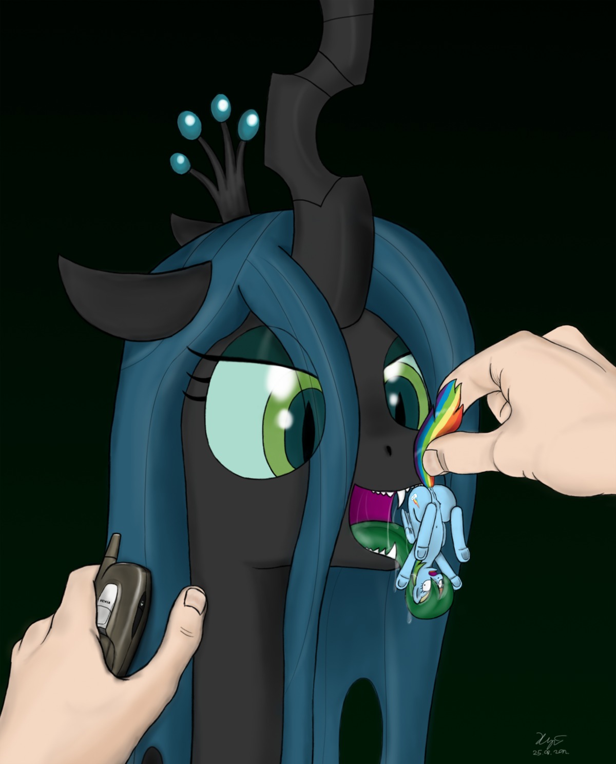 ambiguous_gender anus arthropod bar_phone blue_body blue_feathers blue_fur cellphone changeling_(mlp) cutie_mark digital_media_(artwork) disembodied_hand e621 electronics equid equine extreme_size_difference feathered_wings feathers feeding female feral forked_tongue friendship_is_magic fur genitals green_eyes group hasbro hi_res holding_character holding_object holding_phone horn human imminent_oral_vore imminent_vore larger_ambiguous larger_female licking looking_back mammal micro my_little_pony mythological_creature mythological_equine mythology nokia pegasus phone queen_chrysalis_(mlp) rainbow_dash_(mlp) size_difference smaller_female tail teats tongue tongue_out vulva wings xyi