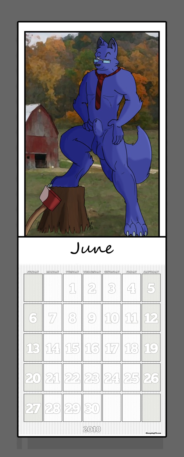 absurd_res accessory animal_genitalia anthro axe balls barn big_balls calendar calendar_graphic canid canine canis cliche e621 eyewear felling_axe fen_(character) fully_sheathed fur genitals glasses hi_res june_(month) lumberjack male mammal melee_weapon necktie phenris pinup plant pose purple_body purple_fur sheath solo tail text tree tree_stump url weapon wolf wolfen wood