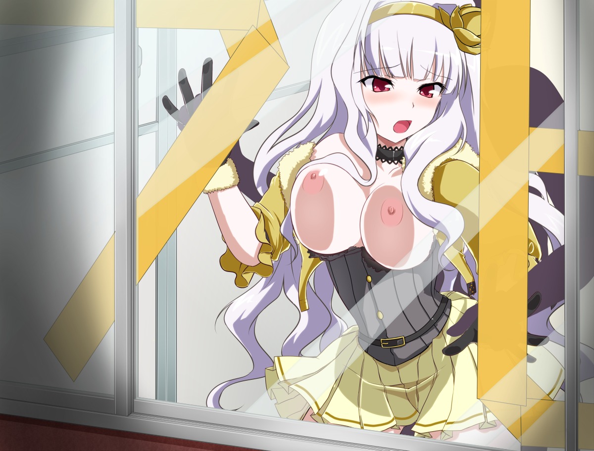 breast_press breasts female fur_trim glass gloves hairband human idolmaster male open_mouth pink_eyes rule34 sex shijou_takane silver_hair skirt straight yatufusa1