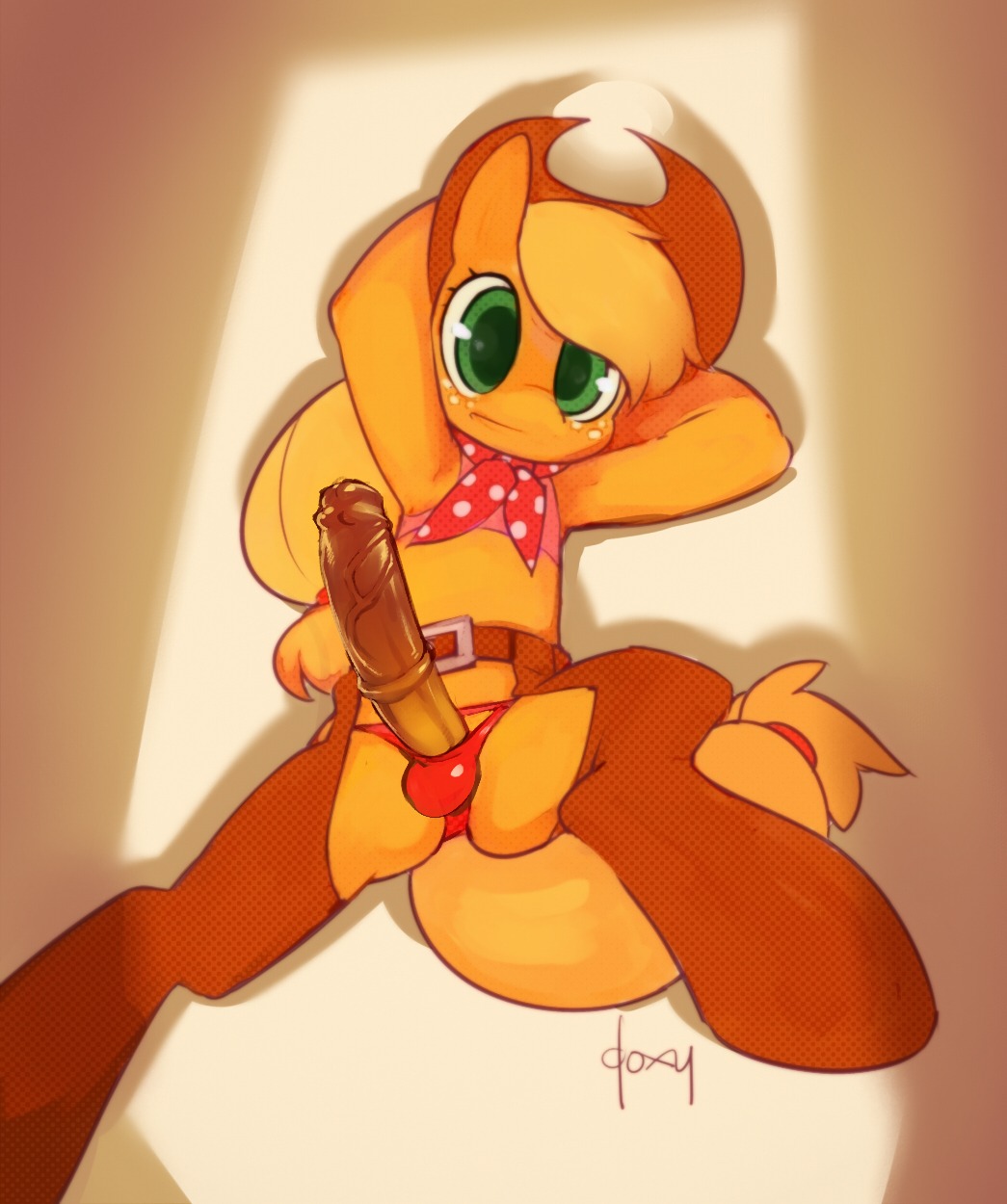 animal_genitalia animal_penis anthro anthrofied applejack_(mlp) belt biped chaps clothed clothing doxy e621 earth_pony equid equine equine_genitalia equine_penis erection friendship_is_magic genitals green_eyes gynomorph hasbro hi_res hooves horse intersex looking_at_viewer lying mammal medial_ring my_little_pony on_back panties penis pony raised_arm solo spread_legs spreading tail third-party_edit underwear