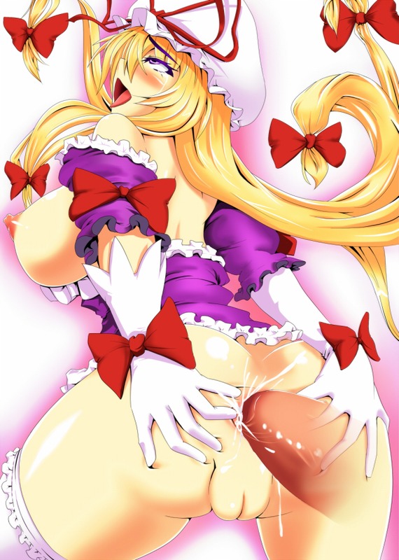 ahe_gao anal anal_sex ass blonde_hair breasts cum cum_in_ass female hair_ribbon large_breasts nipples pussy rule34 sex sideboob stockings tagme touhou yukari_yakumo