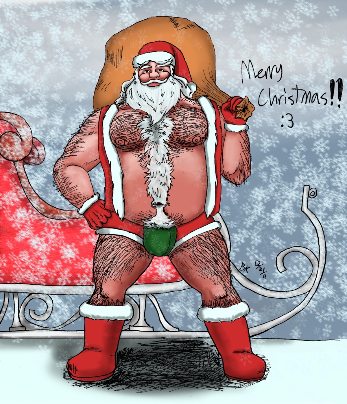 1boy beard christmas codpiece facial_hair hairy male male_nipples male_only nipples open_shirt rule34 sack santa_claus santa_costume santa_hat shorts sleigh tagme vest white_hair