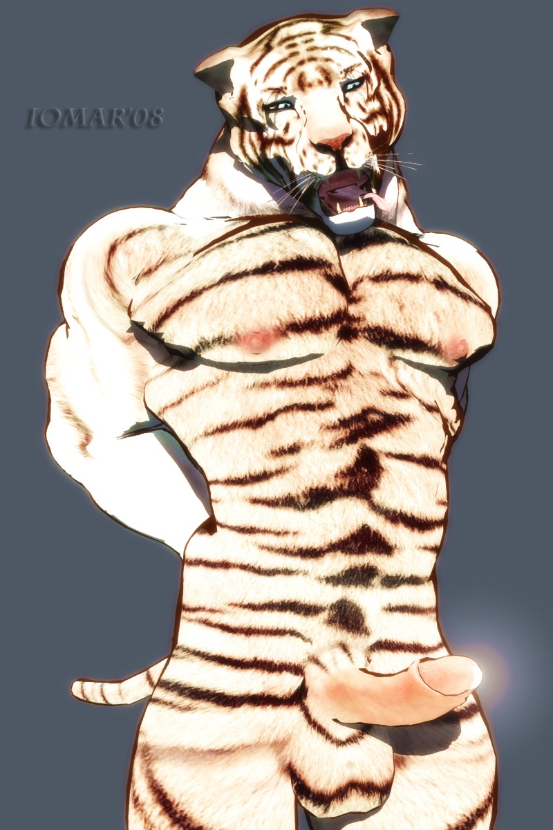 2008 2:3 3d_(artwork) abs animal_genitalia anthro balls biceps big_muscles biped black_body black_fur blue_eyes bodily_fluids digital_media_(artwork) e621 erection fangs felid fur genital_fluids genitals hands_behind_back hi_res humanoid_genitalia humanoid_penis iomar leaking leucistic looking_at_viewer male mammal markings muscular muscular_anthro muscular_male nipples nude open_mouth pantherine pecs penis pink_nose pose precum sheath simple_background solo standing stripes teeth tiger tongue tongue_out whiskers white_body white_fur