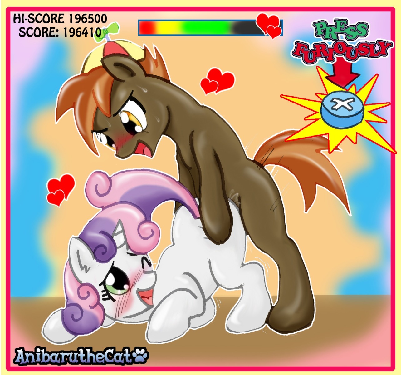 2013 anibaruthecat bent_over blush brown_body brown_fur brown_hair button_mash_(mlp) clothing digital_media_(artwork) duo e621 earth_pony english_text equid equine female feral friendship_is_magic fur green_eyes hair hasbro hat headgear headwear hi_res horn horse loli male male/female mammal multicolored_hair my_little_pony mythological_creature mythological_equine mythology one_eye_closed pony propeller_hat sex sweetie_belle_(mlp) text two_tone_hair unicorn white_body white_fur young young_feral