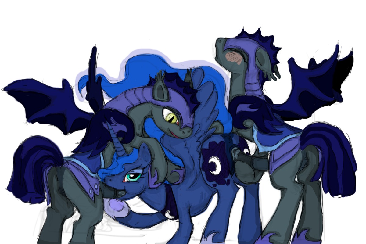 3:2 all_fours alternate_species amber_eyes animal_genitalia animal_penis anus bat_pony bat_wings big_penis blue_body blue_eyes blue_feathers blue_hair blush butt buttercup_saiyan clothed clothing cutie_mark doggystyle double_penetration e621 equid equine equine_genitalia equine_penis erection feathered_wings feathers fellatio female feral friendship_is_magic from_behind_position genitals group group_sex hair hasbro horn hybrid male male/female mammal membrane_(anatomy) membranous_wings my_little_pony mythological_creature mythological_equine mythology night_guard_(mlp) nude oral oral_penetration pegasus penetration penile penis princess_luna_(mlp) quadruped royal_guard_(mlp) sex spitroast tail thestral threesome trio vaginal vaginal_penetration vulva wing_boner winged_unicorn wings