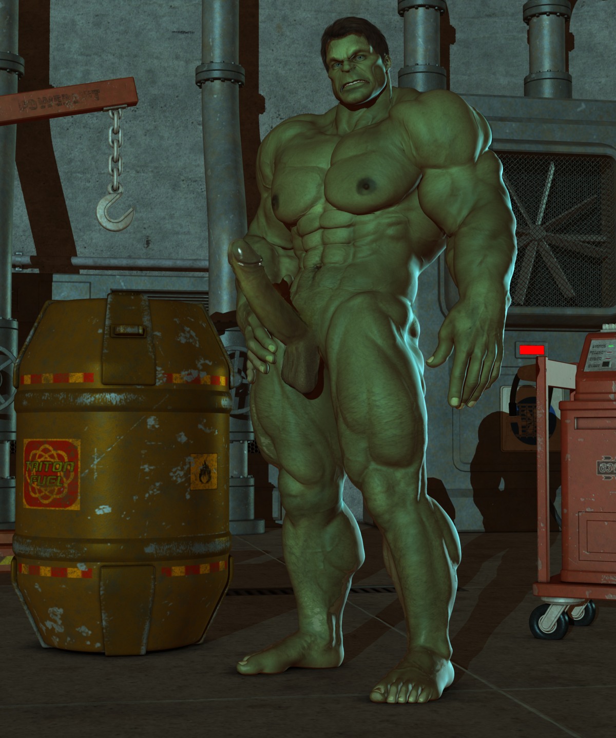 1boy 3d barefoot erection feet green-skinned_male green_skin huge_cock hulk hulk_(series) male male_only marvel marvel_comics muscular muscular_male nude penis rule34 solo warehouse yolco