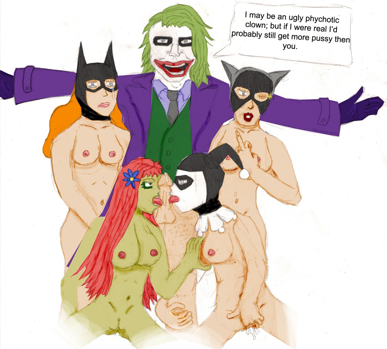 1boy 2d 4girls batgirl batgirl_(barbara_gordon) batman:_the_animated_series batman_(series) bottomless_male catwoman catwoman_(dcau) color crossover dc dc_comics dcau dialogue drawn english_text female flower_in_hair full_color harem harley_quinn harley_quinn_(classic) licking_penis long_hair male middle_finger multiple_girls nude nude_female penis poison_ivy red_hair rule34 speech_bubble straight straight_hair superheroine tagme tears the_joker unknown_artist villain villainess wink winking_at_viewer
