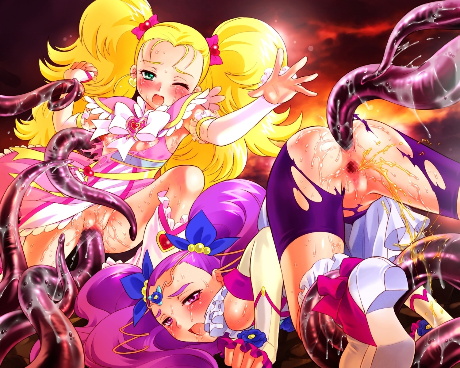 blonde_hair blush censored clothing dress female flat_chest futari_wa_precure kujou_hikari magical_girl milky_rose mimino_kurumi nekozawa_yukari peeing precure pretty_cure rule34 shiny_luminous shorts sippo-soft tagme tentacle tentacles torn_clothes yes!_precure_5