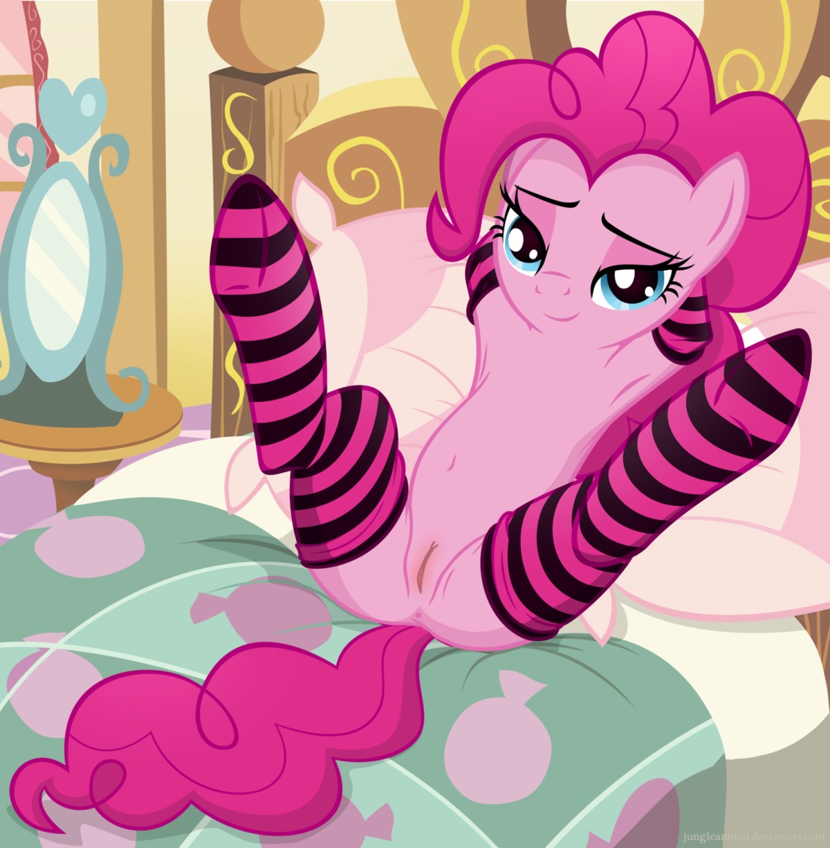 2012 anus bed blue_eyes clothing e621 earth_pony equid equine female feral friendship_is_magic furniture genitals hair hasbro hi_res horse junglepony legwear looking_at_viewer mammal my_little_pony navel panties pink_hair pinkie_pie_(mlp) pony presenting solo spread_legs spreading stockings tail third-party_edit underwear vulva