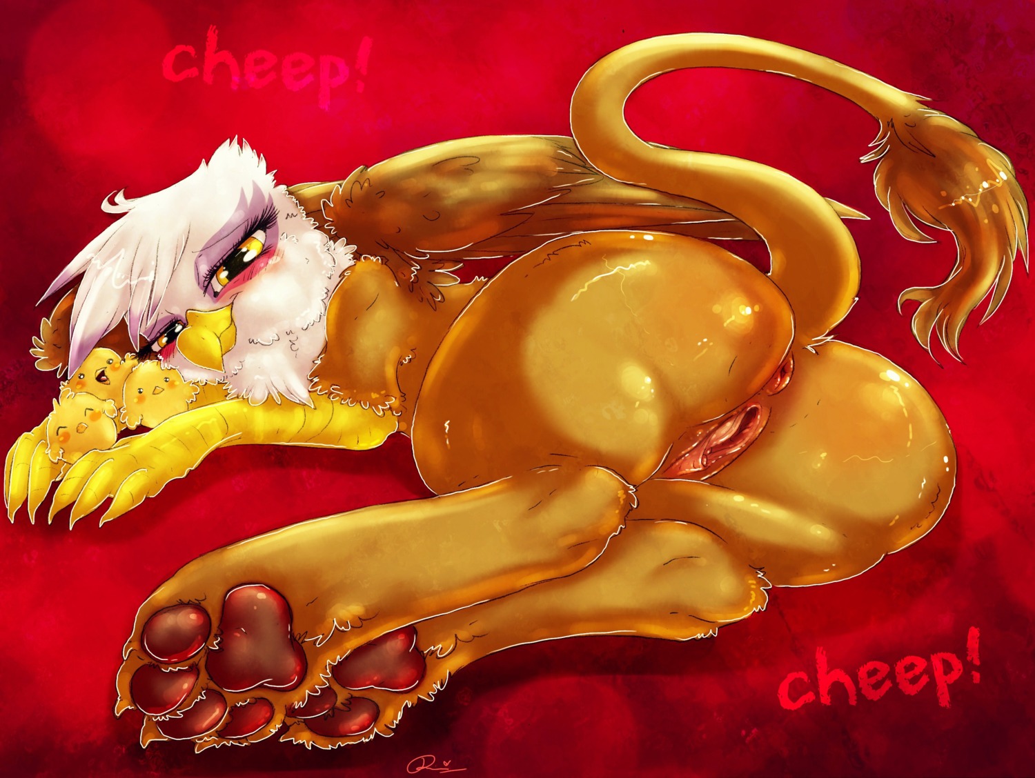 2014 4_toes anus avian beak blush brown_body brown_fur butt claws digitigrade dimwitdog e621 eyes_closed feathered_wings feathers feet female feral foot_focus friendship_is_magic fur genitals gilda_(mlp) group gryphon hasbro hi_res hindpaw looking_at_viewer lying my_little_pony mythological_avian mythological_creature mythology nude on_side pawpads paws presenting presenting_hindquarters presenting_vulva raised_tail soles tail tail_anus toes vulva white_body white_fur wings yellow_eyes