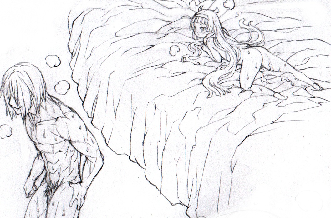 after_sex bangs bed blunt_bangs chaotic-unknown cum female grafite_(medium) kannagi monochrome nagi pubic_hair rule34 traditional_media uncensored