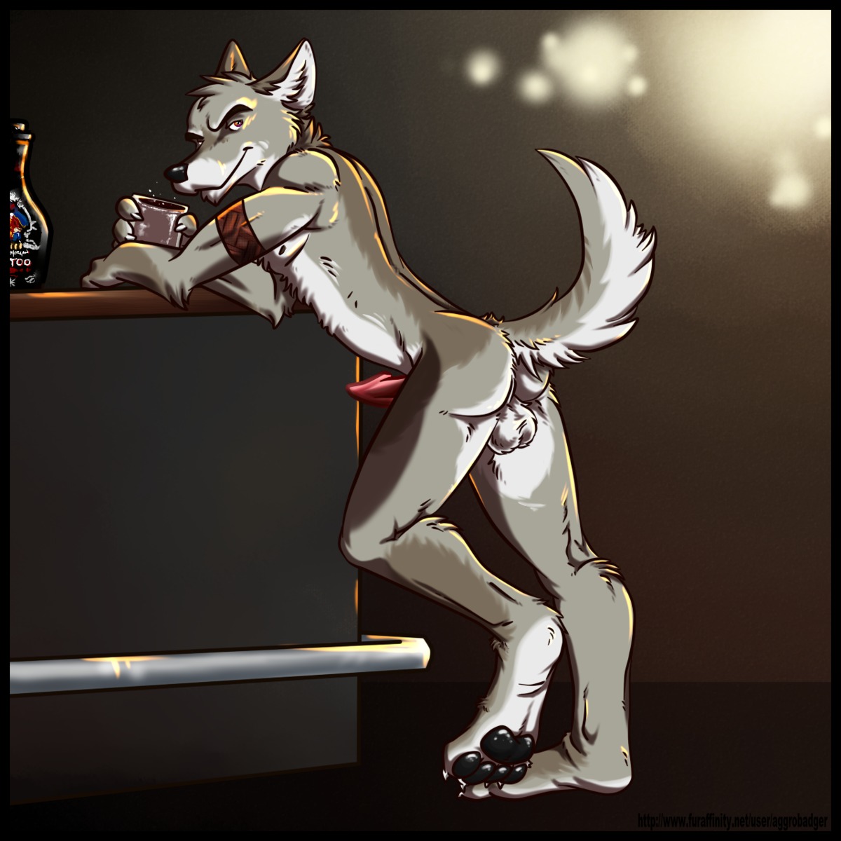 1boy 2011 aggrobadger alcohol anthro balls bar canine coyote fur furry male male_only nude penis rule34 solo straight_hair