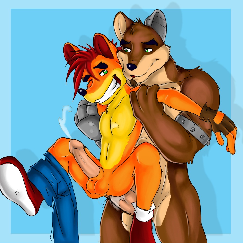 1:1 abs activision anal anal_penetration animal_genitalia anthro arody balls bandicoot bodily_fluids bottomwear bottomwear_down clenched_teeth clothed clothing crash_bandicoot crash_bandicoot_(series) crunch_bandicoot cum cum_in_ass cum_inside cum_on_chest cum_on_self cum_while_penetrated dominant duo e621 ejaculation erection from_behind_position fur genital_fluids genitals green_eyes hands-free larger_dom larger_male male male/male male_penetrated male_penetrating male_penetrating_male mammal marsupial orgasm pants pants_down partially_clothed penetration penis reverse_stand_and_carry_position sex sheath size_difference smaller_male smaller_penetrated standing standing_sex teeth