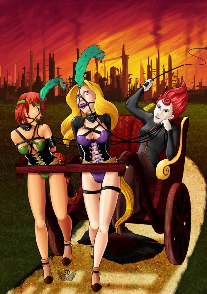 2d 3girls advance_wars arms_behind_back artist_request bit_gag breasts chariot corset female female_only gag kindle_(advance_wars) looking_back nell_(advance_wars) pony_girl ponygirl rule34 sami_(advance_wars) whip