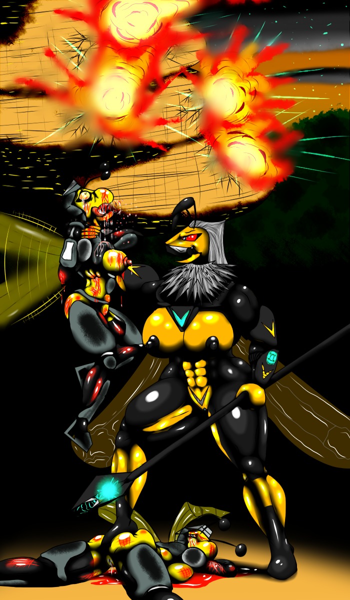 antennae_(anatomy) armor arthropod bee big_breasts blood bodily_fluids breasts butt crying death e621 explosion female genitals glistening grin group hair hi_res hymenopteran imminent_death insect insect_wings muscular muscular_female nipples non-mammal_breasts nude pubes saesar saliva smile tears teeth vulva war wasp white_hair wings yellow_body yellow_skin