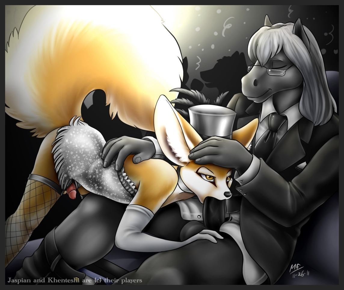 2011 accessory anthro balls canid canine clothed clothing conditional_dnp crossdressing digital_media_(artwork) dress duo e621 equid equine erection eyewear fellatio femboy fennec_fox fishnet_clothing fluffy fluffy_tail fox genitals glasses gloves handwear hat headgear headwear horse interspecies jaspian khenteshi legwear male male/male male_penetrated male_penetrating male_penetrating_male mammal moodyferret necktie oral oral_penetration party penetration penile penis public sex shaded stockings suit tail top_hat true_fox