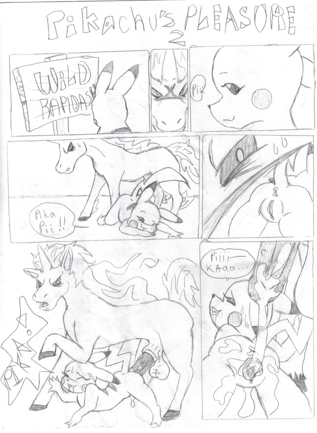 black_and_white bodily_fluids comic cum duo e621 english_text female feral generation_1_pokemon genital_fluids hi_res male mammal monochrome nintendo pikachu pokemon pokemon_(species) presenting quadruped rapidash rodent simple_background size_difference tail text unknown_artist white_background