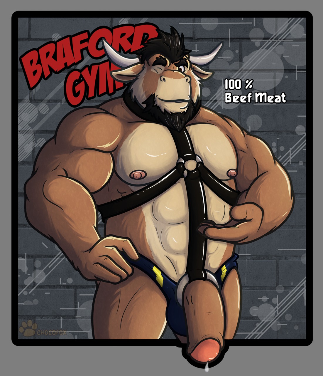 2014 abs accessory almasy alpha_channel anthro beard biceps big_muscles big_penis biped bodily_fluids bovid bovine cattle clothed clothing cock_ring e621 english_text facial_hair flaccid foreskin genital_fluids genitals harness hi_res horn humanoid_genitalia humanoid_penis jewelry looking_at_viewer male mammal muscular muscular_anthro muscular_male one_eye_closed partially_retracted_foreskin pecs penis penis_accessory penis_jewelry precum sam_(braford) solo speedo standing swimwear text topless wink