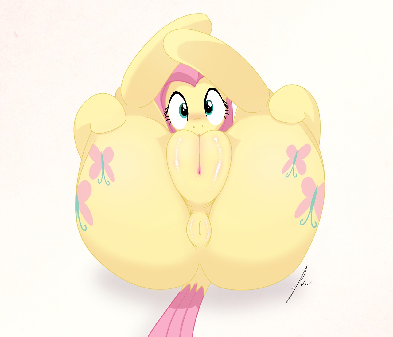 2013 anus blush body_blush butt cutie_mark e621 equid equine female feral fluttershy_(mlp) friendship_is_magic fur genitals hair hasbro horse innie_vulva kernhd mammal my_little_pony pink_hair plump_labia pony presenting presenting_hindquarters simple_background solo vulva vulva_blush white_background yellow_body yellow_fur