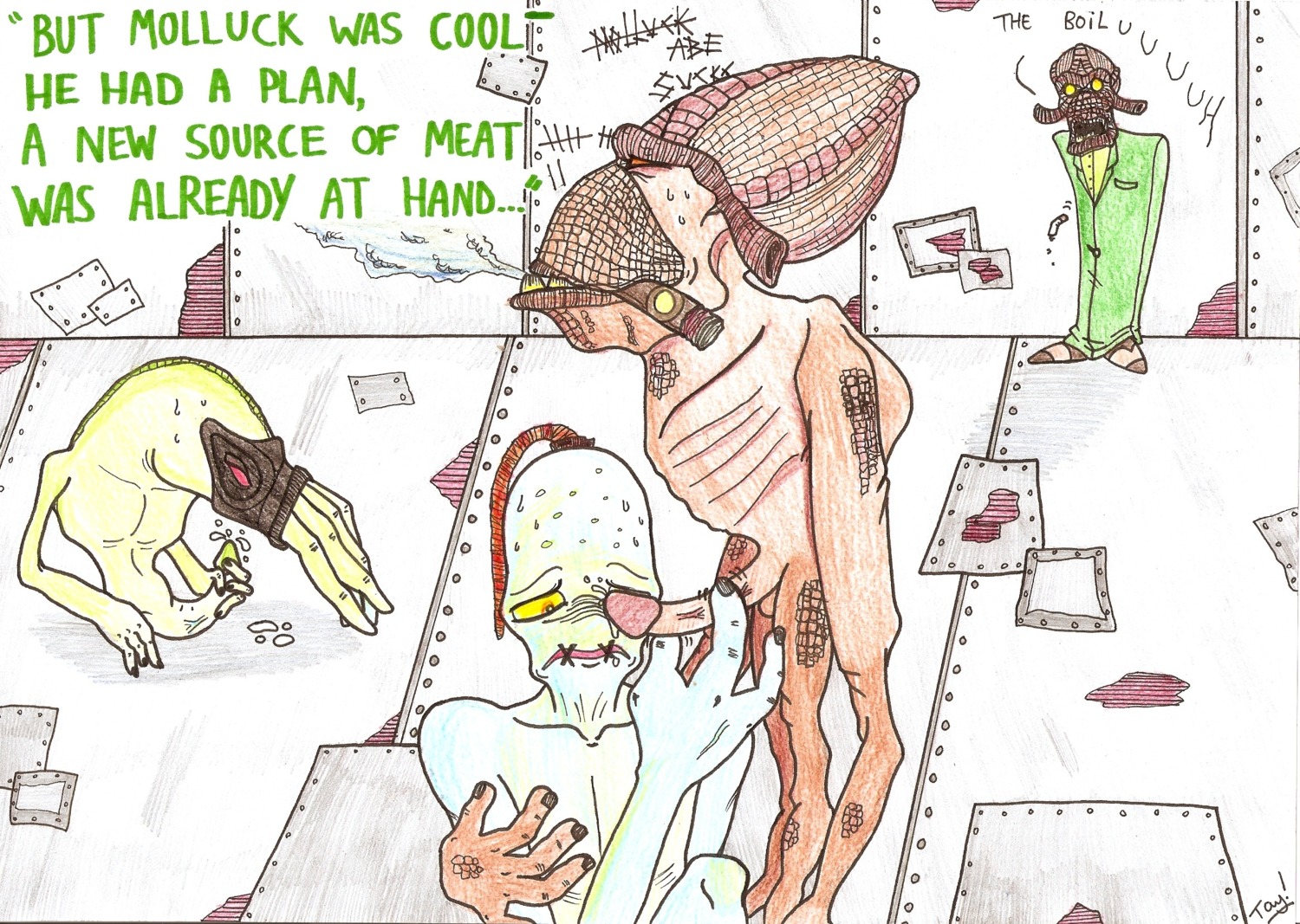 2008 abe_(oddworld) abraham_lure english_text gay glukkon_(species) male male_only molluck_the_glukkon mudokon_(species) oddworld rule34 sketch slig_(species) tay! text traditional_media video_games yaoi