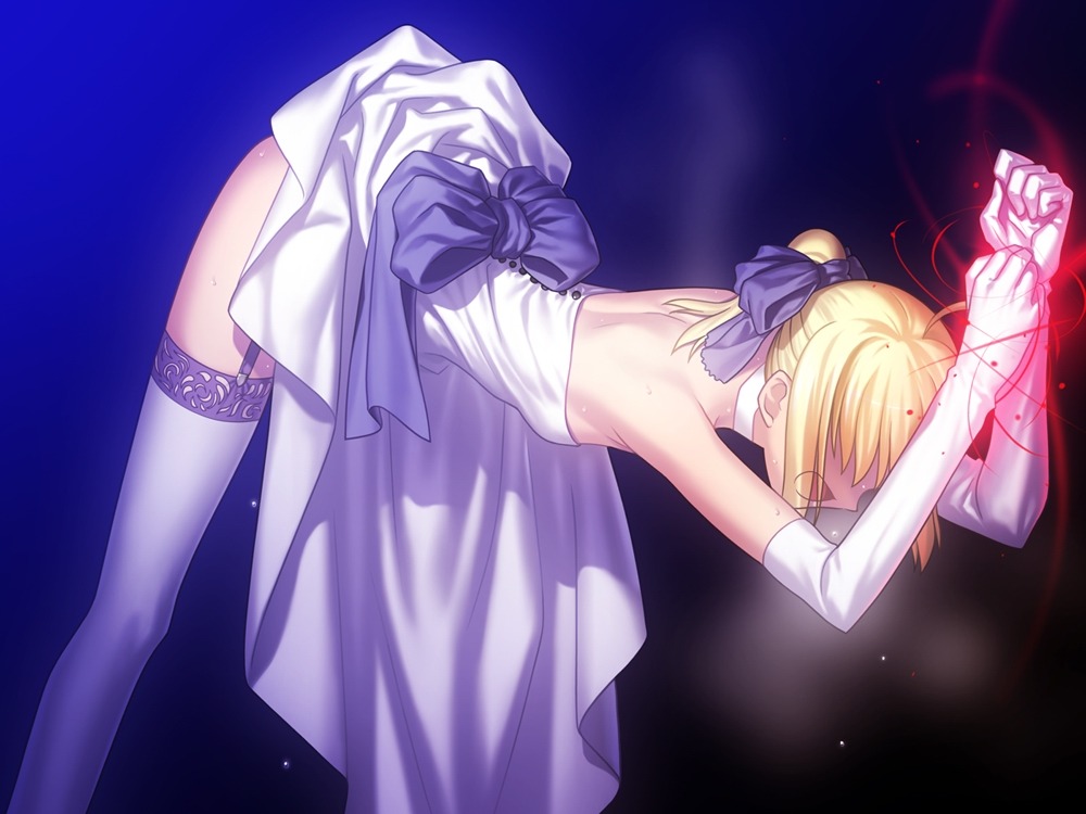 artoria_pendragon blonde_hair bondage bride dress fate/stay_night fate_(series) female game_cg garter_belt gloves ponytail rule34 skirt skirt_lift socks takeuchi_takashi thigh_socks thighhighs tied type-moon wedding_dress white_dress white_socks