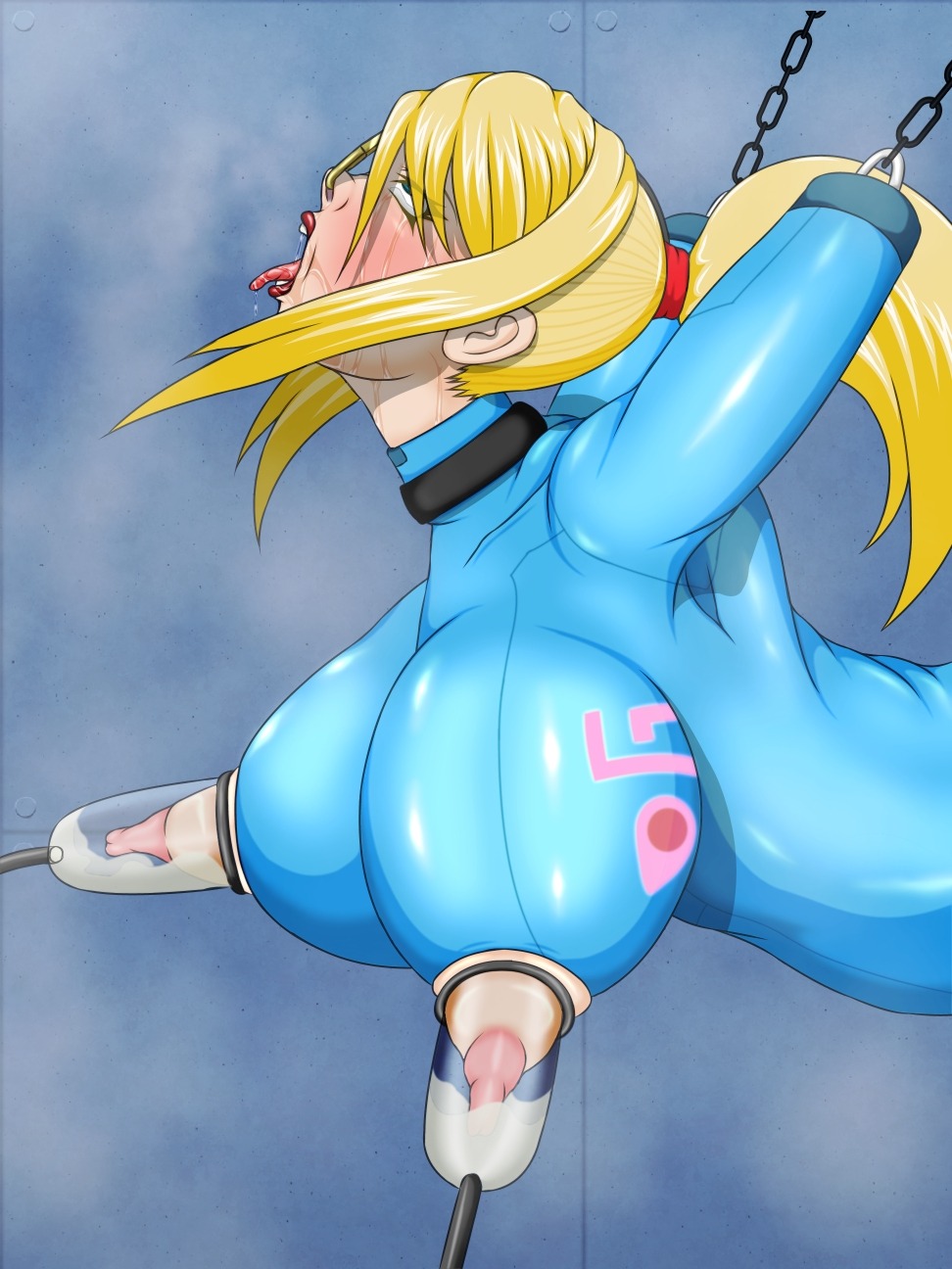 1girls amputee blonde_hair blush body_modification bodysuit bondage bound breasts catsuit chains collar female female_only femsub highres human lactation metroid milking milking_machine nintendo nipples nose_hook open_mouth rule34 saliva samus_aran shiny shiny_clothes solo steel_bondage suspension tight_clothes tight_clothing zero_suit zero_suit_samus
