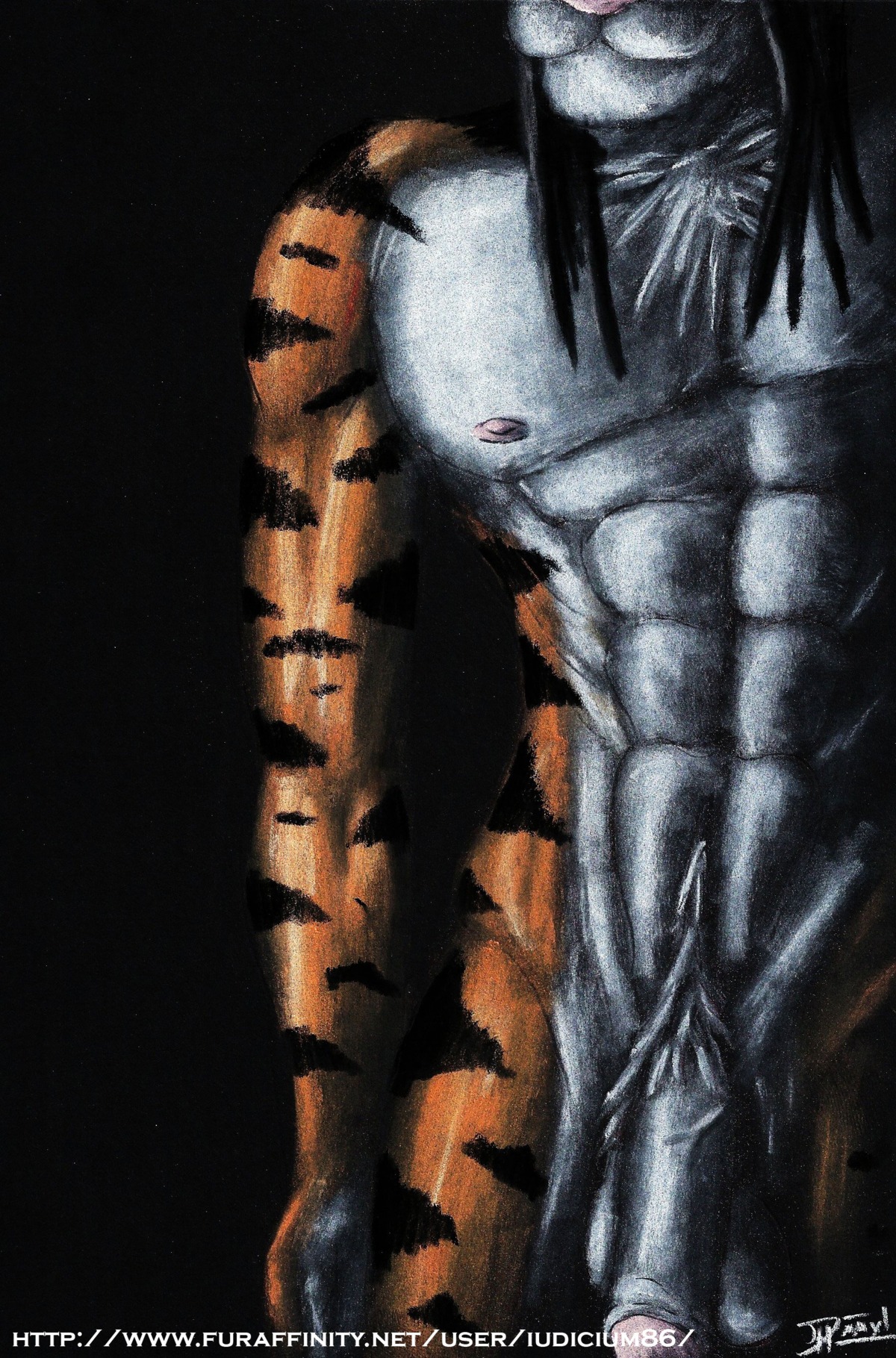:3 abs absurd_res anthro athletic balls biped black_background black_hair black_markings black_penis chest_tuft countershading e621 felid flaccid foreskin fur genitals glans glistening graphite_(artwork) hair hi_res humanoid_genitalia humanoid_penis iudicium86 male mammal markings mixed_media muscular muscular_anthro nipples nude orange_body orange_skin pantherine partially_retracted_foreskin pastel_(artwork) penis pink_glans pink_nipples pink_nose portrait pubes signature simple_background solo striped_body striped_skin stripes three-quarter_portrait tiger torso_shot traditional_media_(artwork) tuft white_body white_countershading white_pubes white_skin