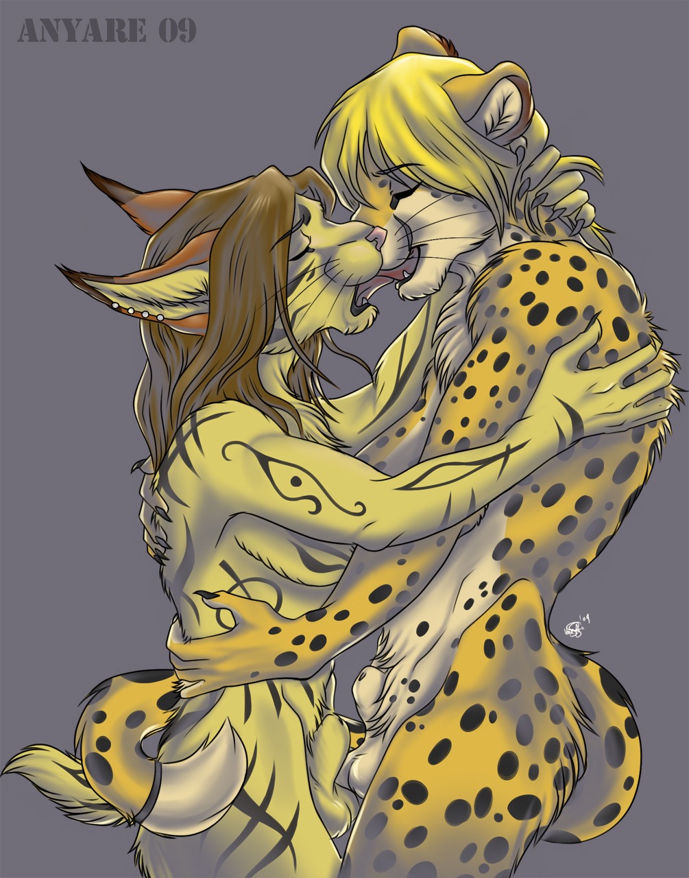 2009 5_fingers animal_genitalia anthro anthro_on_anthro anyare balls biped black_body black_fur blonde_hair brown_hair cheetah claws digital_media_(artwork) duo e621 ear_piercing eyes_closed felid feline finger_claws fingers french_kissing fully_sheathed fur genitals hair hand_on_neck hi_res kissing lynx male male/male mammal markings piercing romantic romantic_couple sheath short_tail signature simple_background spots spotted_body spotted_fur tail tongue white_body white_fur yellow_body yellow_fur