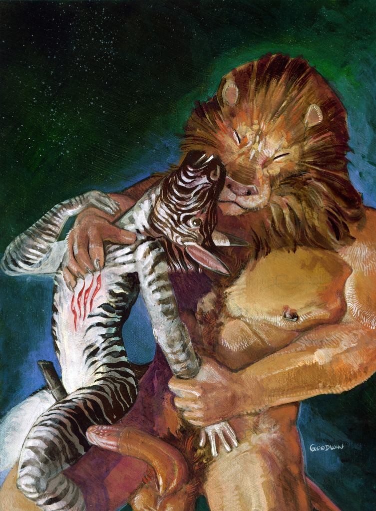 2010 animal_genitalia animal_penis body_hair chris_goodwin duo e621 equid equine equine_genitalia equine_penis erection felid genitals gore gouache_(artwork) happy_trail huru interspecies lion male male/male mammal medial_ring painting_(artwork) pantherine penile_spines penis piercing predator/prey stripes traditional_media_(artwork) traditional_painting_(artwork) zebra