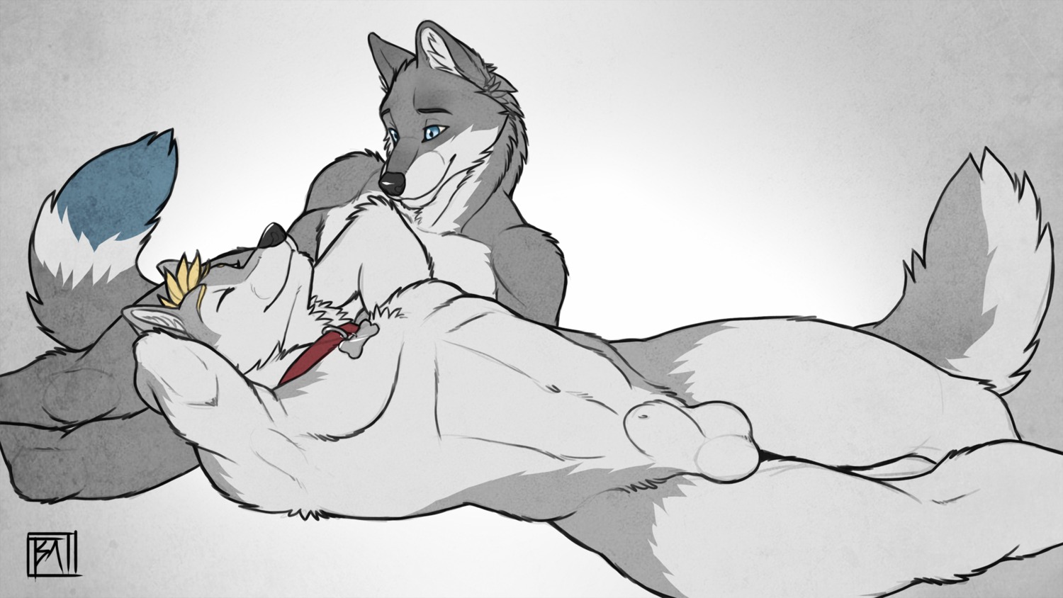 16:9 animal_genitalia animal_penis anthro balls biceps black_nose blonde_hair blue_body blue_eyes blue_fur canid canine canine_genitalia canine_penis canis chest_tuft collar cuddling detached_sheath duo e621 eye_contact eyes_closed flexing fluffy fluffy_tail fully_sheathed fur genitals grey_body grey_fur grin hair hands_behind_head hi_res looking_at_another love lying male male/male mammal muscular nude on_back on_side paws pecs penis pose romantic romantic_couple sheath simple_background smile tail tsaiwolf tuft white_body white_fur widescreen wolf