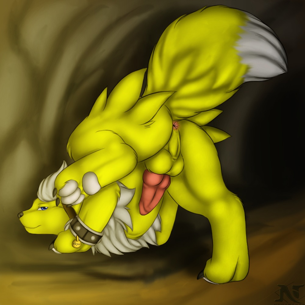 1:1 anus backsack balls blue_eyes bracelet butt collar detailed_background digitigrade dipstick_tail e621 eeveelution erection feral generation_1_pokemon genitals jewelry jolteon knot looking_at_viewer looking_back male markings namarx7 name_tag nintendo penis pokemon pokemon_(species) presenting presenting_hindquarters quadruped raised_leg rear_view skye_(namarx7) solo tail tail_markings